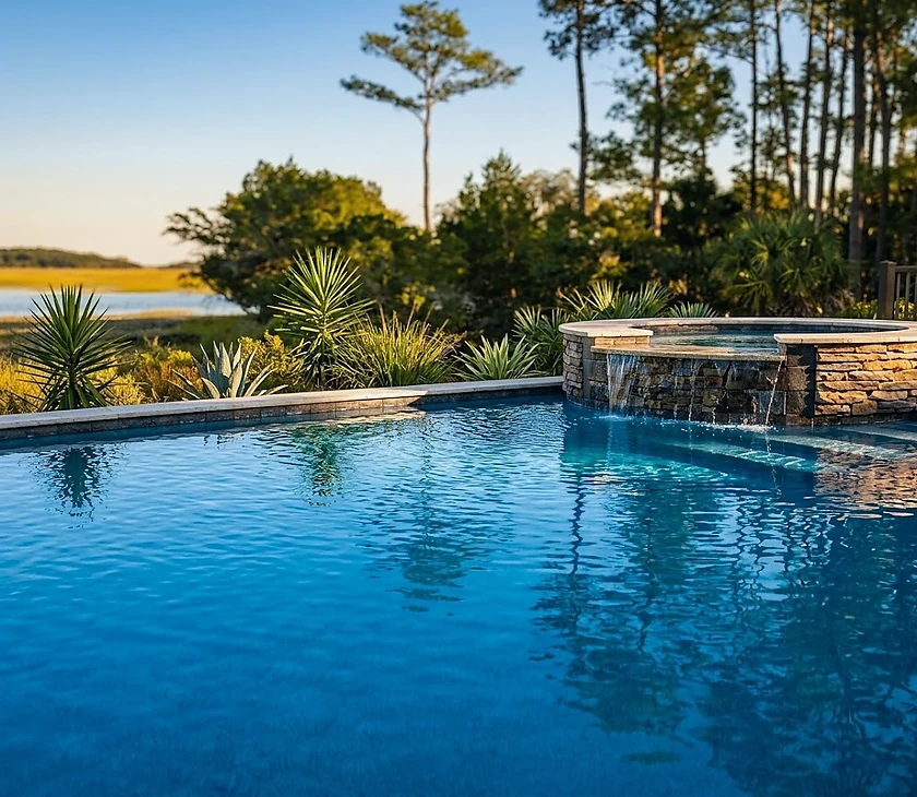 An infinity-edge pool and spa looking out over open marsh