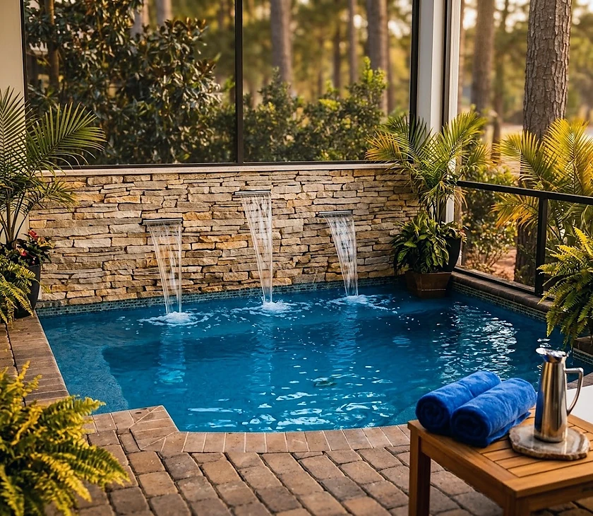 Sheer-descent water features falling into a screened indoor pool