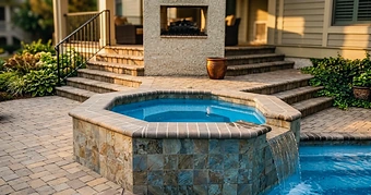 An octagonal raised spa with tiled steps down to the pool