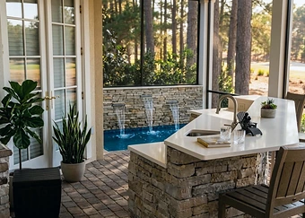 A renovated poolside kitchen and bar under a screened roof