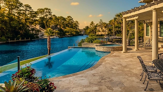 A pool terrace and pergola looking out down a Hilton Head lagoon