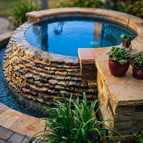 A raised spa faced in stacked stone spilling into the pool below