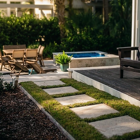 Stone paving set into lawn beside a resurfaced pool deck