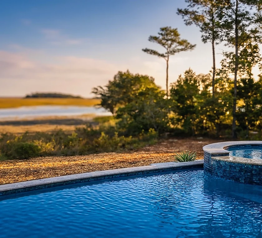 A gunite pool and raised spa on the edge of open marsh